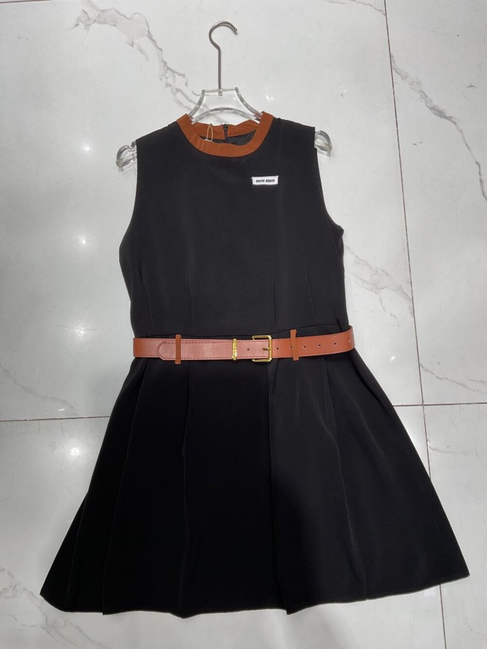 Miu Miu brown belt black sleeveless dress